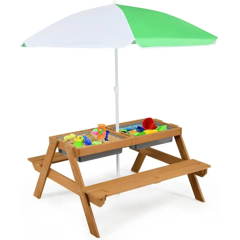 Kids Outdoor Table With Umbrella - 4-in-1 Holz-Sand- und Wassertisch mit abnehmbaren