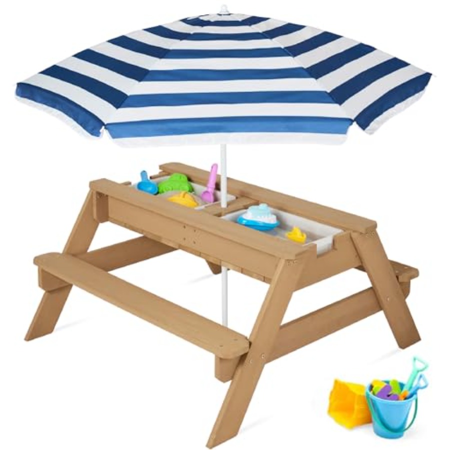 Kids Outdoor Table With Umbrella - Outdoor-Kinder-Picknicktisch mit Sonnenschirm, 3-in-1-Sand- und Wassertisch,