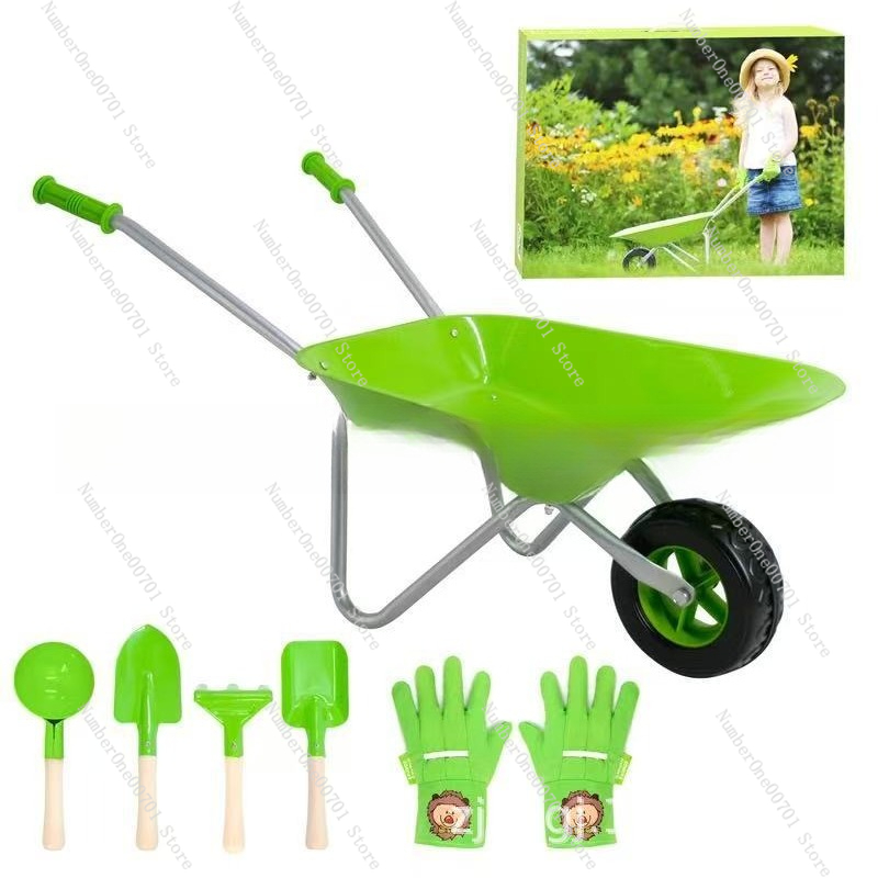 Kids Outdoor Garden - Kinder-Schubkarre für Draußen, Grünes Garten-Spielset für