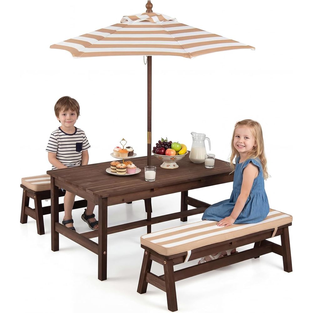 Kids Outdoor Table With Umbrella - Kinder-Picknicktisch, Holztisch- und Bankset für Kleinkinder