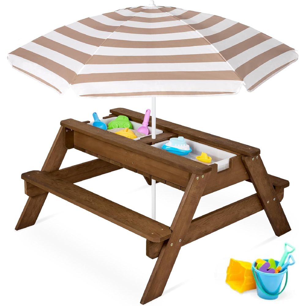 Kids Outdoor Picnic Table - Kinder-Picknicktisch mit Sonnenschirm, 3-in-1 Sand- &