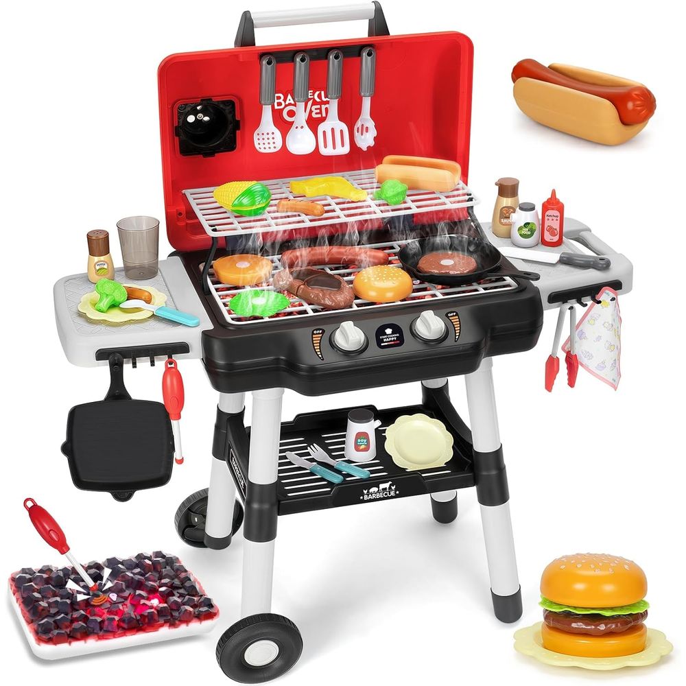 Kids Outdoor Grill - Kinder-Spielküchen-Spielzeug, BBQ-Grill-Spielset mit Rauch-, Geräusch- und