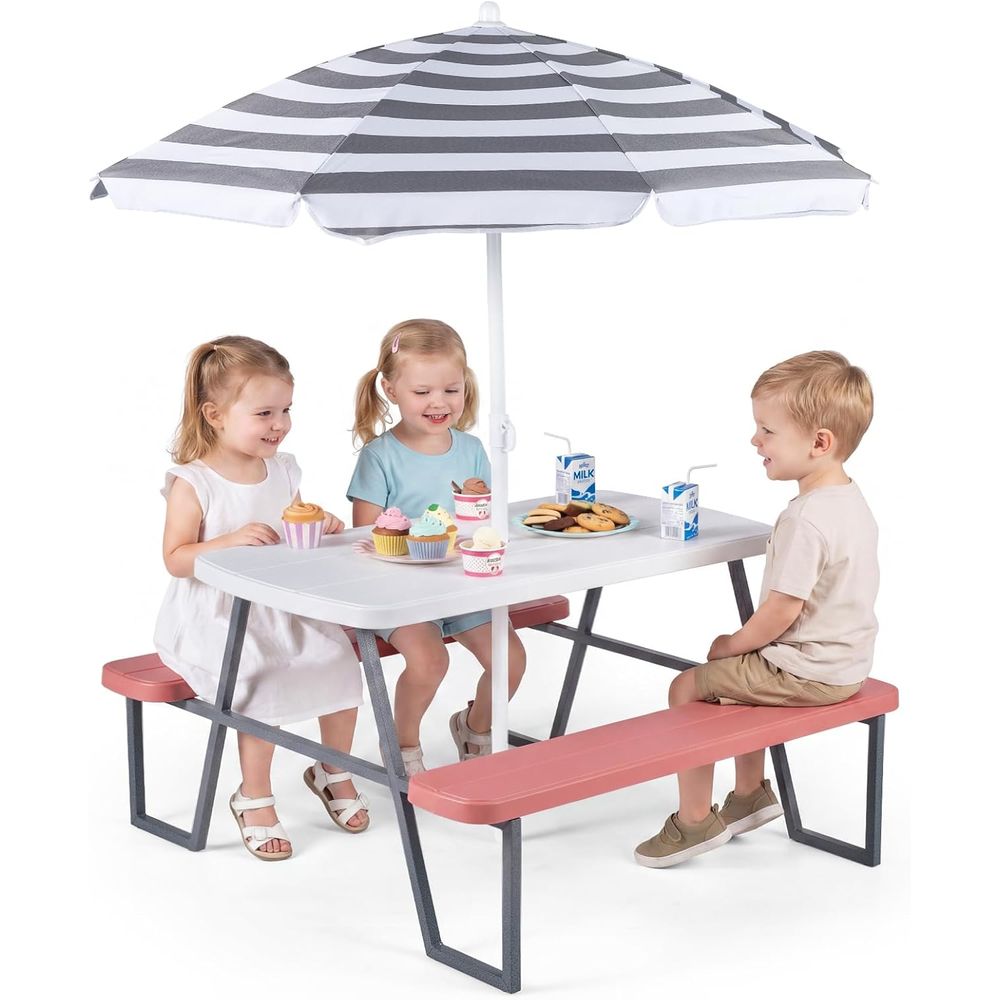 Kids Outdoor Table With Umbrella - Kinder-Picknicktisch, Outdoor-Tisch- und Bank-Set für Kleinkinder